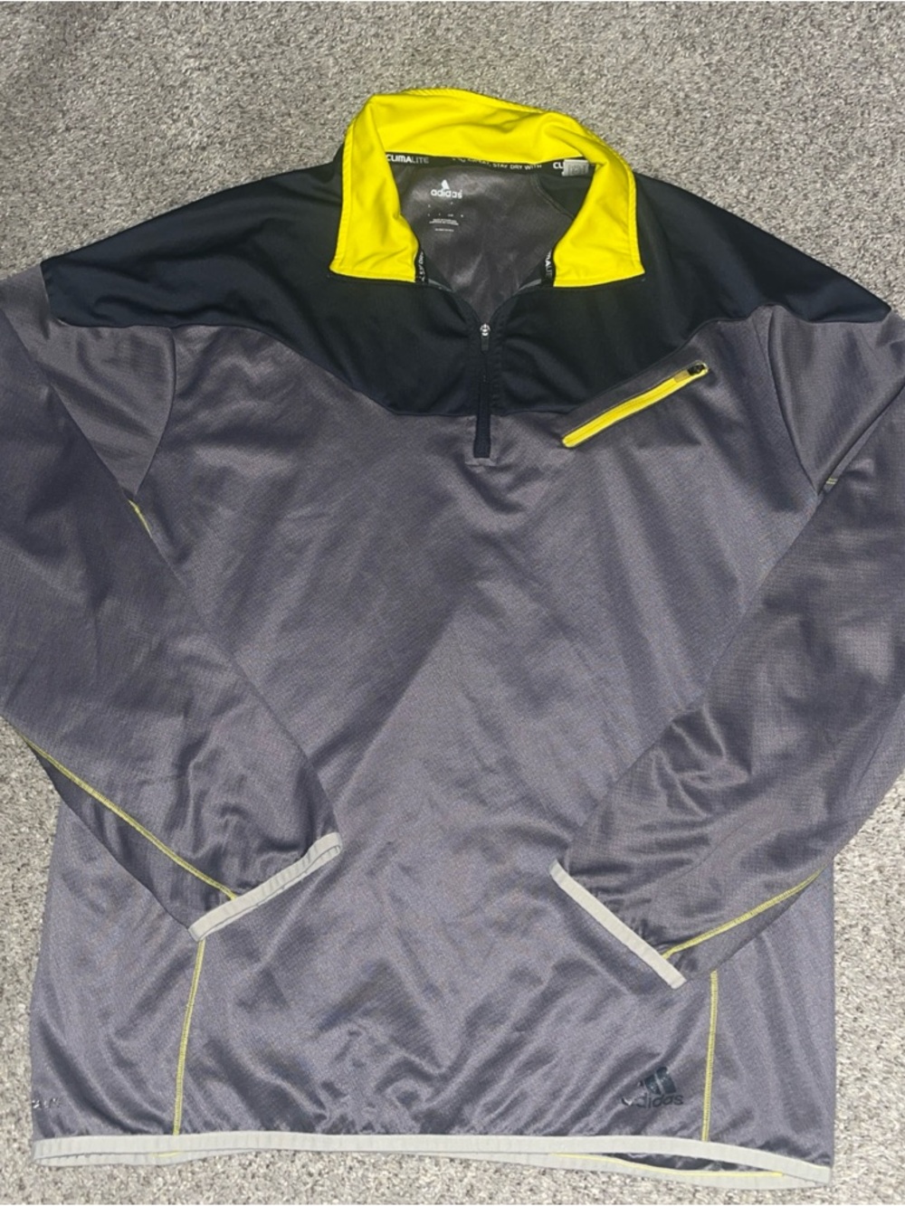 Adidas Climalite 1/4 Zip Pullover Mens Large Gray Yellow Performance Long Sleeve